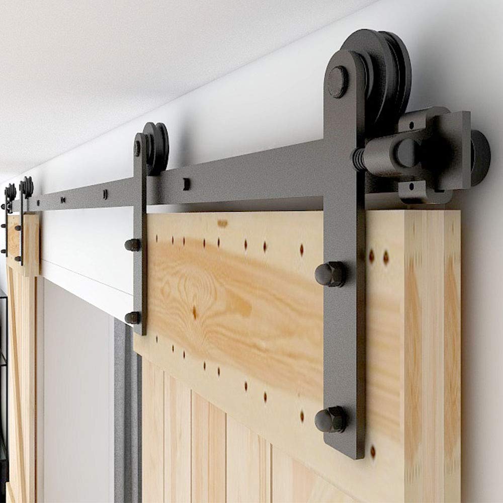 CCJH 8.2FT Sliding Barn Door Hardware Kit, Heavy Duty, Smoothly and Silently, Easy to Install, Fit 24.6" Width Double Door Panel, I Shaped Hangers Black