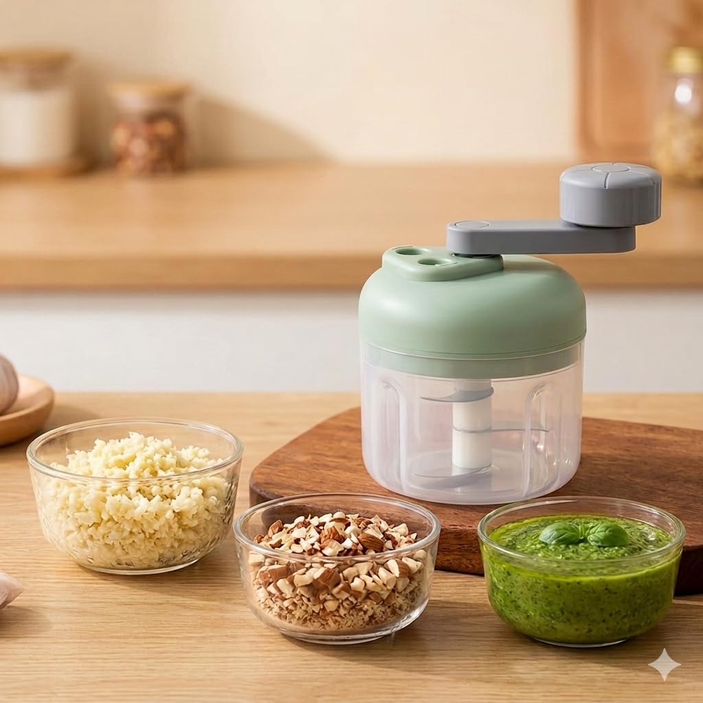 Manual Mini Food Chopper & Grinder for Kitchen | Handheld Vegetable Cutter, Garlic Mincer, Nut Cracker & Sauce Maker Machine | Compact Blender with Stainless Steel Blades-image-22