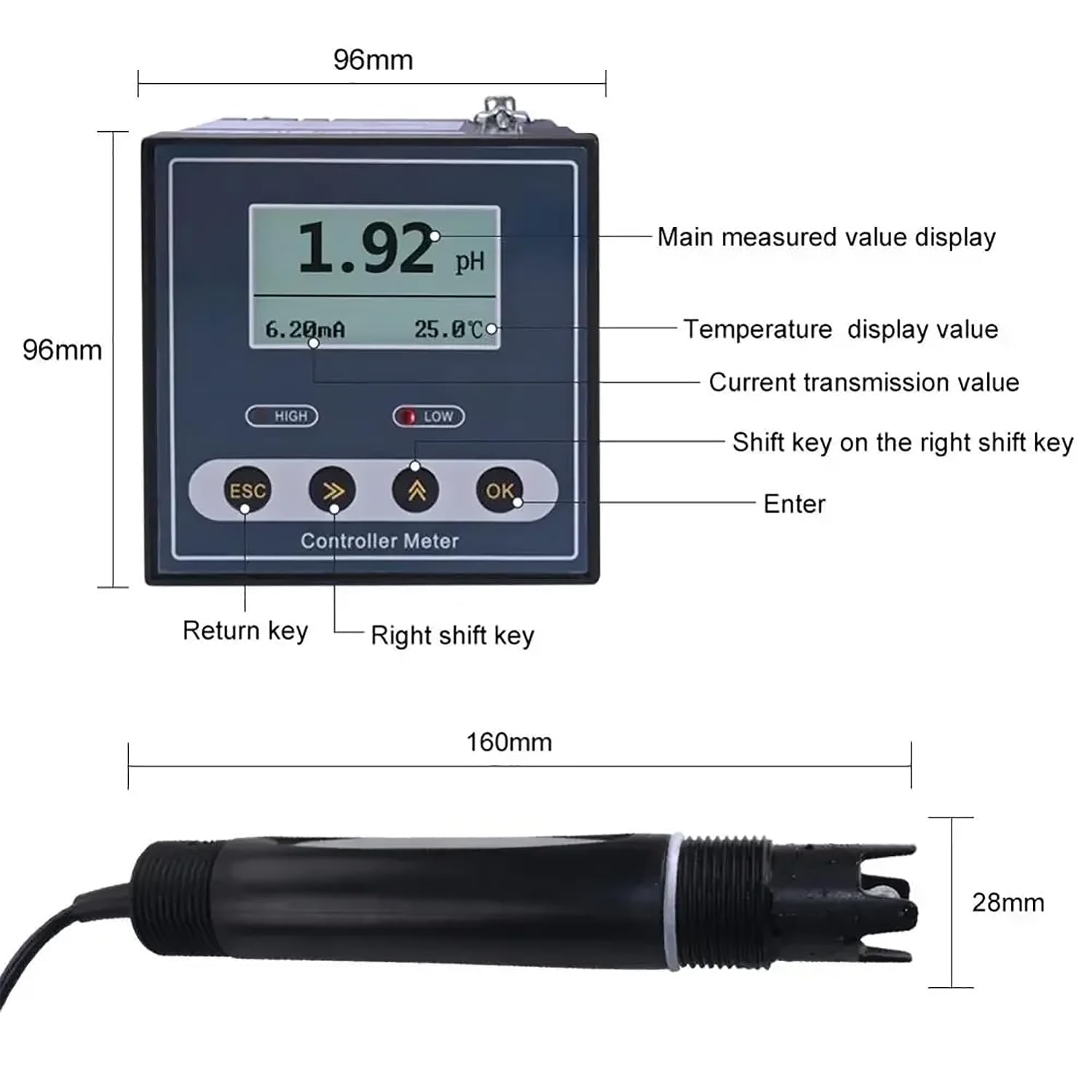 Medidor de pH de calidad del agua, grado de laboratorio 0.00-14.00PH rango ± 0.02 precisión, pantalla LCD de fácil calibración para uso ambiental en laboratorio