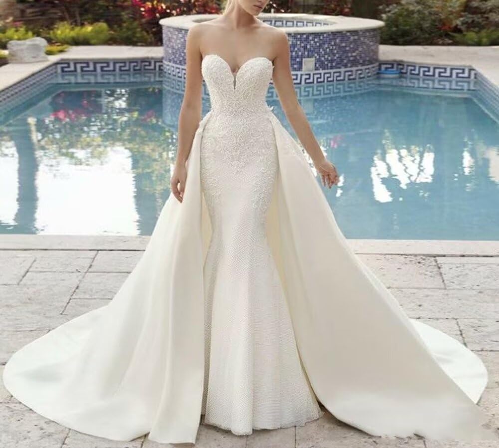 Sweetheart Lace Appliques Mermaid Wedding Dresses for Bride with Detachable Train Satin Bridal Gowns Plus Size