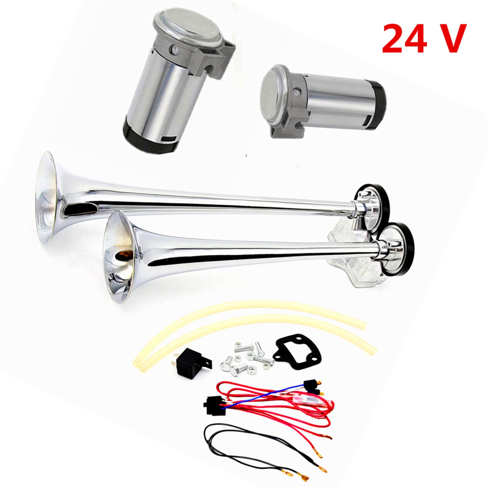 Cuerno de aire Bocina de coche 165db Corneta de aire Tono alto y bajo 24V doble tubo Trompeta Camión Bocina Plateada cromo zinc Car Horn con dos bombas de aire de compresor para 24V coche barco