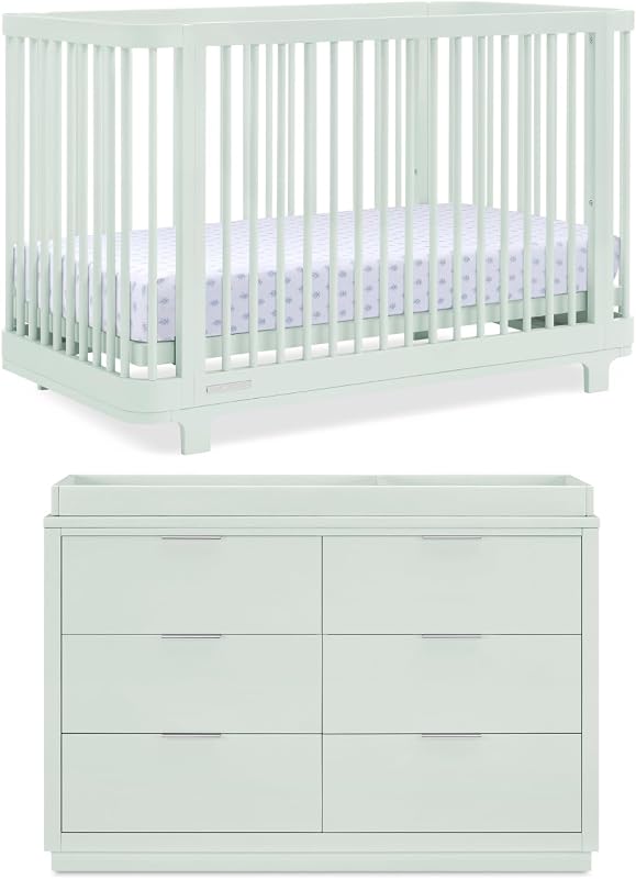 Muebles de guardería para cuna y tocador Nest - Cuna convertible 4 en 1 | Cómoda Forever de 6 cajones con cambiador | Salvia ligera