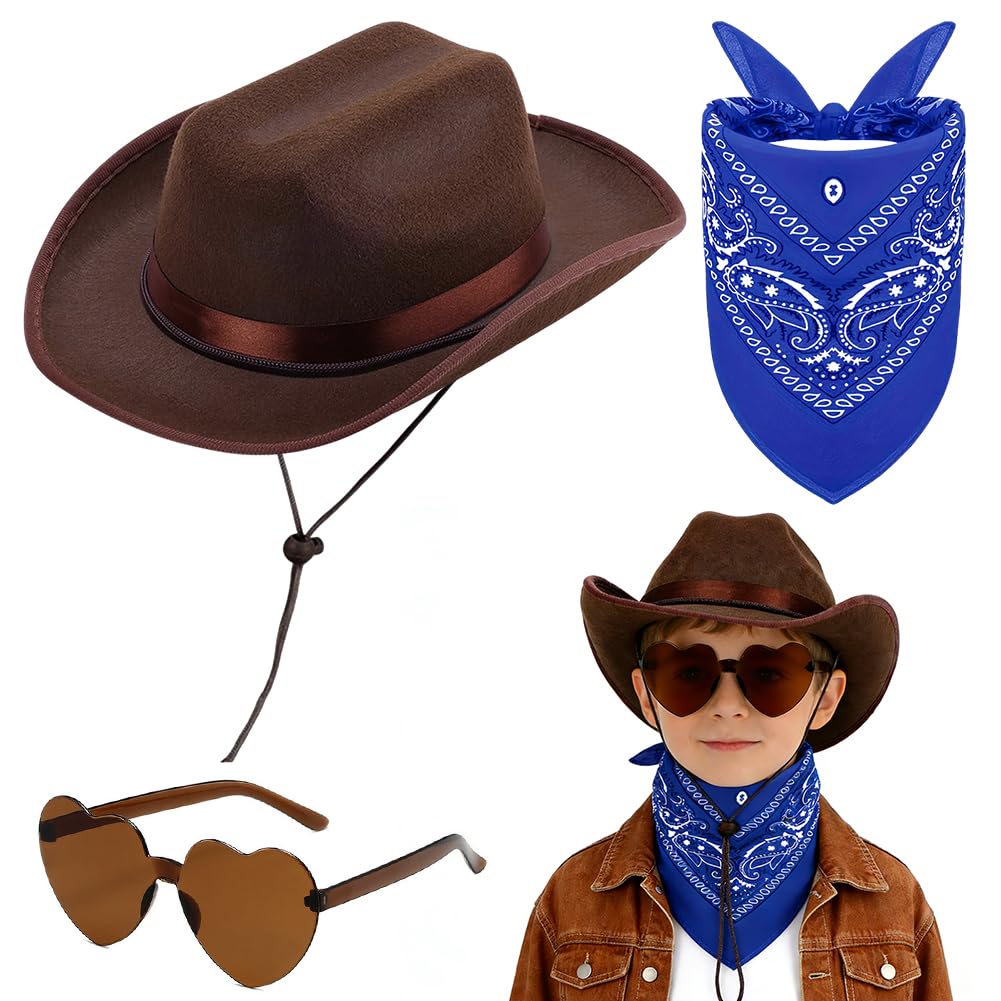 FCXVXCL Kids Cowboy Hat 3 PCS Cowboy Costume for Kids with Coffee Colored Band Hat Scarf Heart Sunglasses for Halloween Christmas World Book Day Fancy Dress Up