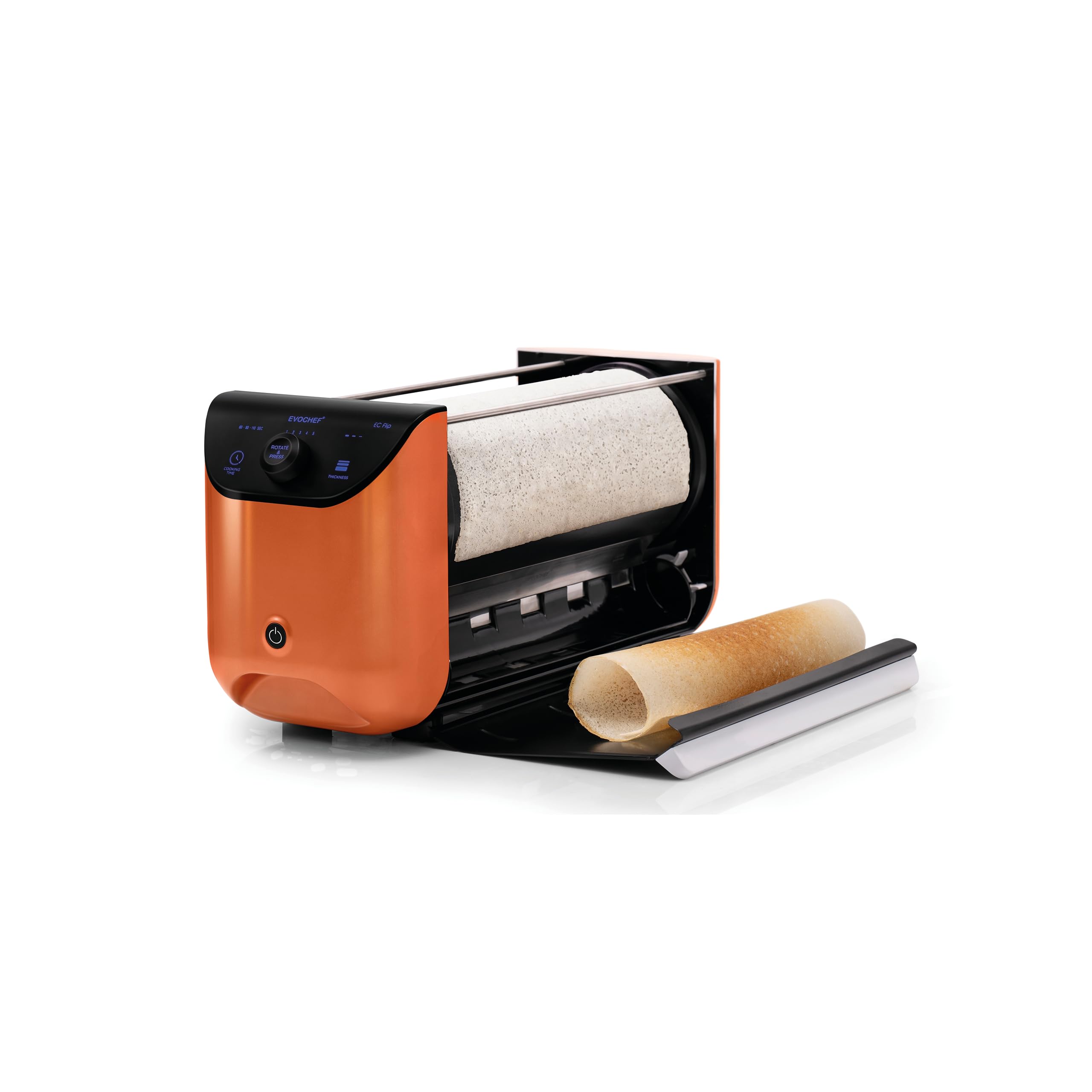 EVOCHEF EC Flip Automatic Dosa and Crepe Maker, 1-Minute Dosas, 360° Food Grade Coated Roller, Easy Cooking Time & Thickness Control, Touch Controls, Compact & Portable, 1600W, Metallic Orange