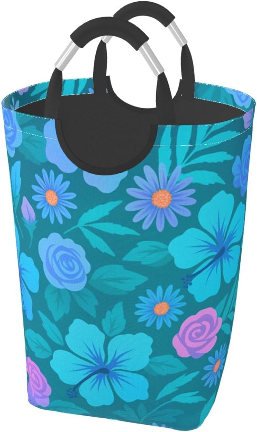 50l Laundry Basket Neon Rose Tropical Floral Waterproof Laundry Hamper Foldable Clothes Laundry Bag With Handles