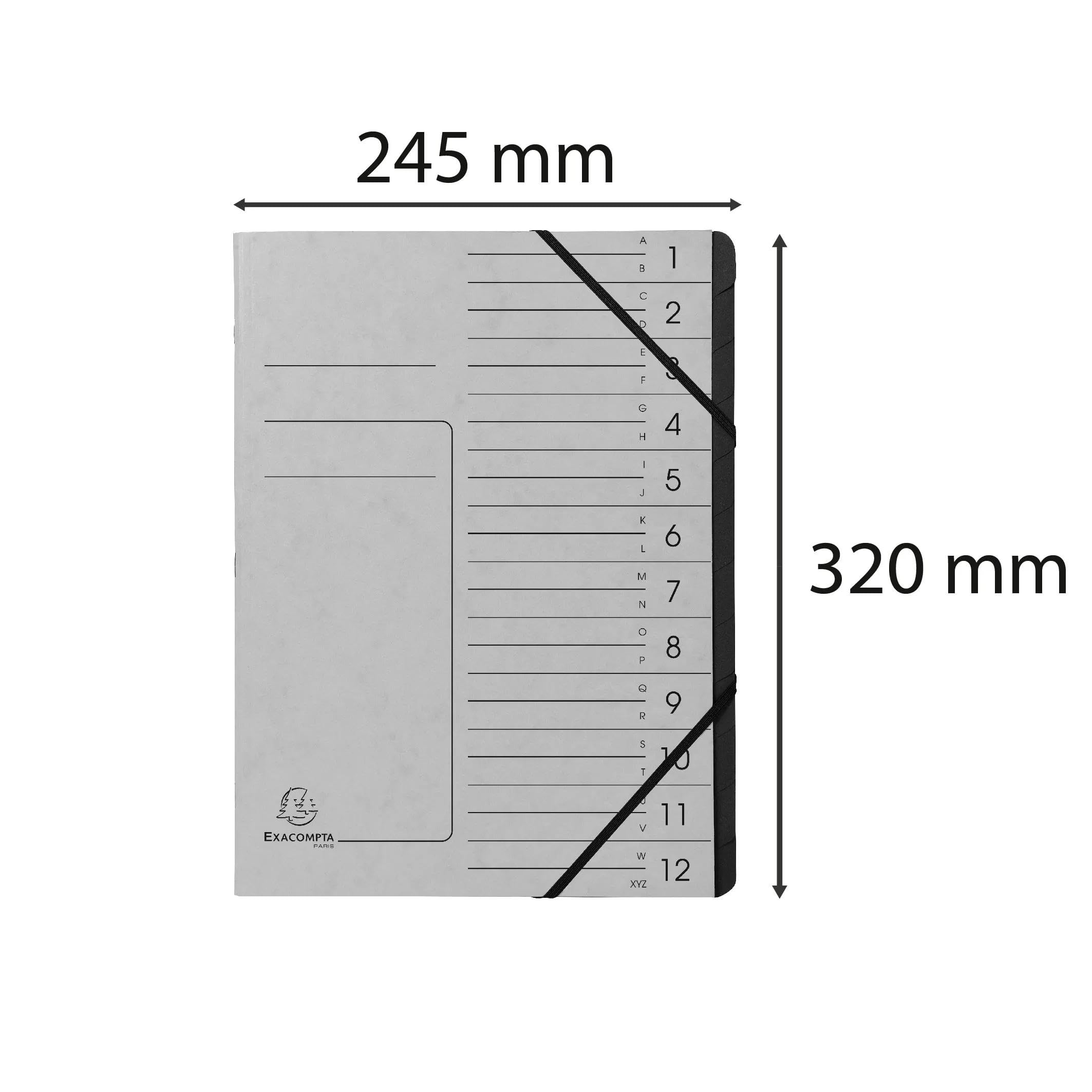 Exacompta - Ref. 541211E - Caja de 10 clasificadores de espalda grapados - con gomas - cubierta impresa en tarjeta brillante e interior en tarjeta reciclada negra - 12 compartimentos - 24,5 x 32 cm