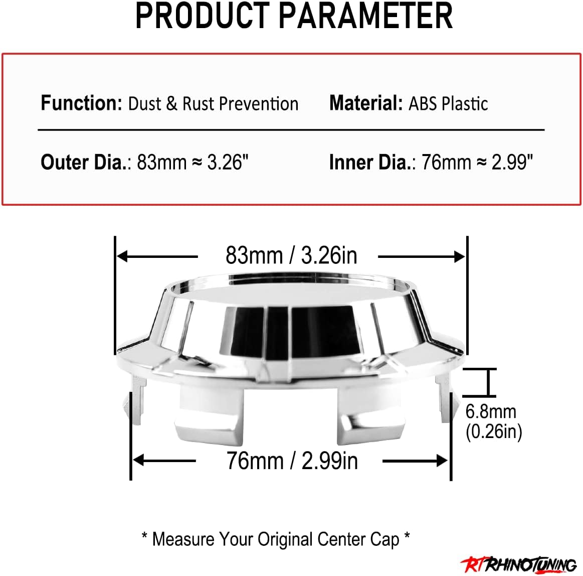 RTrhinoTuning 4 PCS 83mm Wheel Center Caps Compatible with Avalanche Suburban Silverado Tahoe Sierra Yukon Denali Escalade Wheel Rim, OD: 3.27"(83 mm) ID: 2.99"(76 mm) Chrome Silver