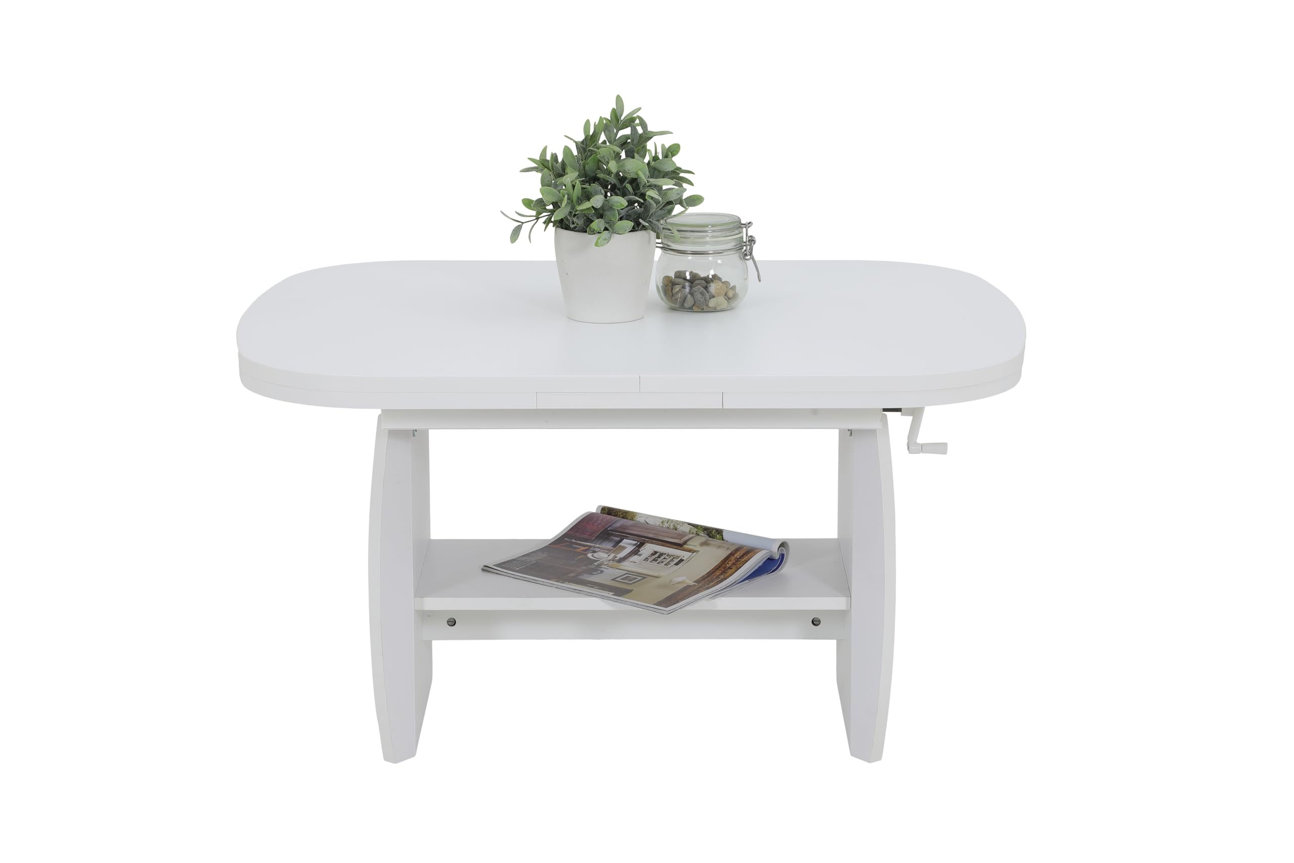 Hela Tische, Funktionscouchtisch Michael, Holzoptik melaminbeschichtet, Dekor Weiß, ausziehbar 90-142cm, höhenverstellbar mit Kurbel 52-62cm