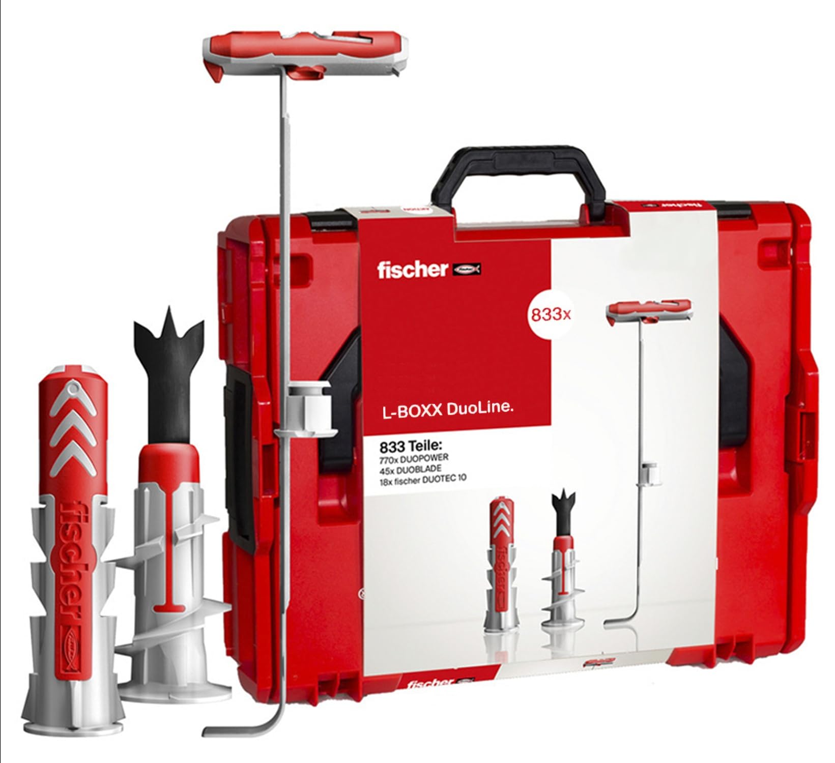 Fischer Duoline L-Boxx 560491, Valigetta Attrezzi, Assortimento Tasselli DuoPower, DuoTec, DuoBlade, Tasselli per Cartongesso, Mattoni, Ø 6-8-10mm, Cassetta Resistente agli Urti e Impilabile, 833 pz
