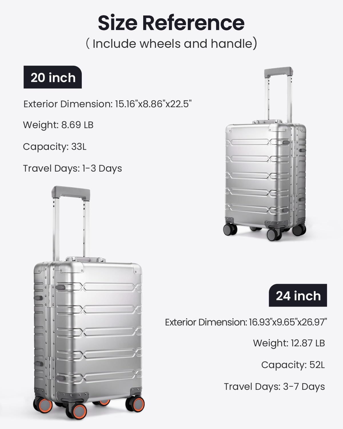 UrbanExplorer All Aluminum Carry On Luggage Hard Shell Suitcases with Spinner Wheels Zipperless Luggage 20 inch Small Carry On Suitcase for Short Trips, Sliver - Image 4