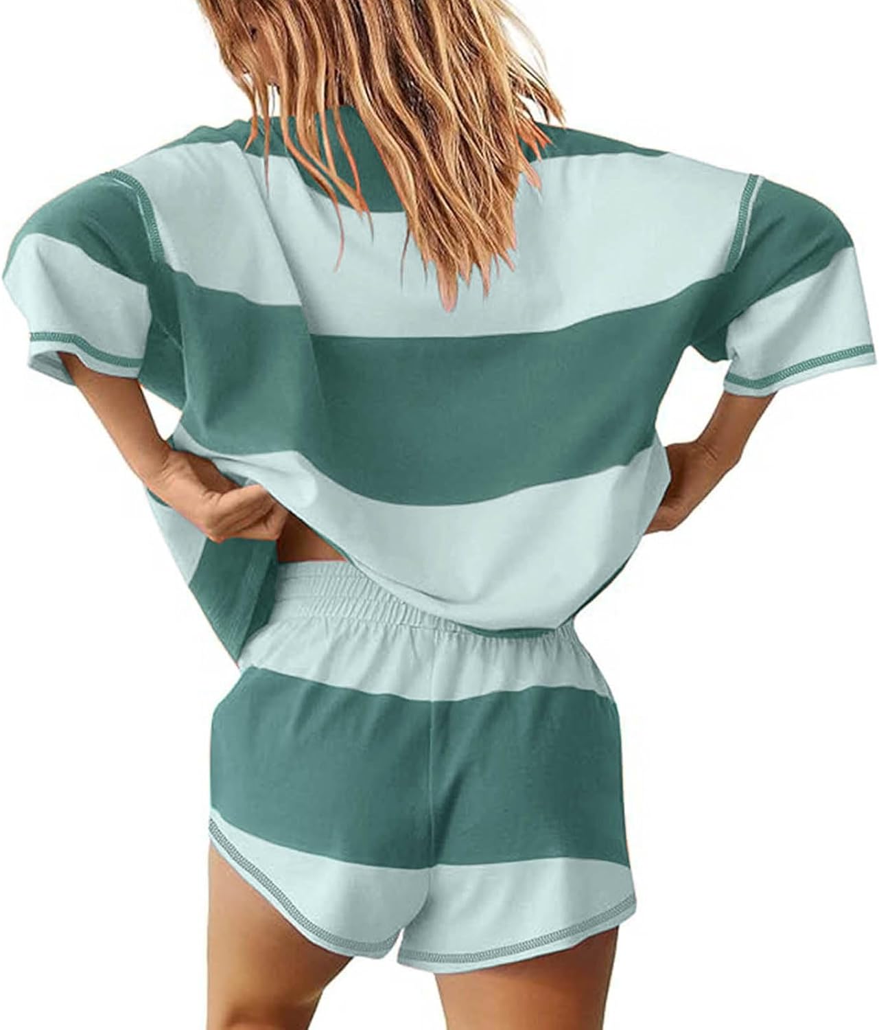 Women's 2 Piece Striped Outfits Oversized Striped Workout Sets Lounge Set Summer Tracksuit Top and Shorts Sets - Image 3