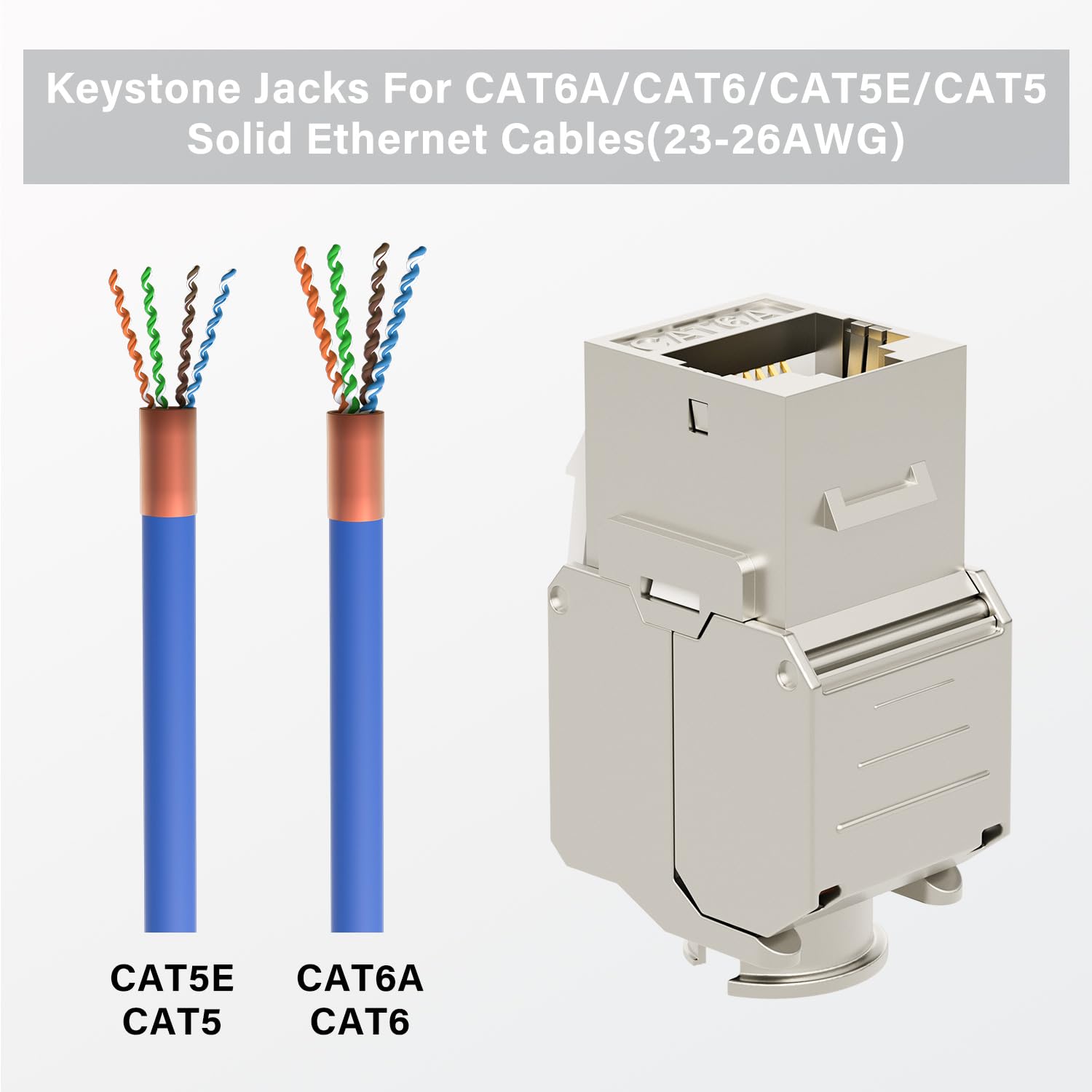 Iwillink Lot de 10 prises Keystone Cat6A RJ45 en métal blindé - 180 degrés - Boîtier en alliage de zinc - Argenté