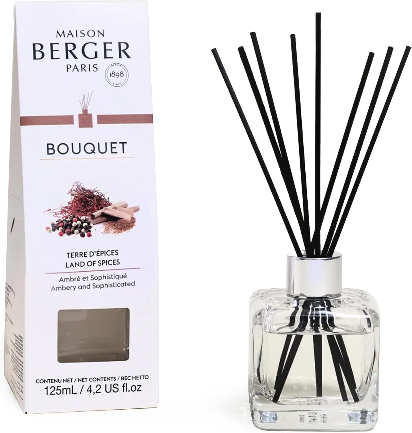 Reed Diffuser - Cube - Clear - Scented Bouquet with Reed Sticks - Prefilled with Lampe Berger Fragrance - 125 Milliliters - 4.2 Fluid Ounces (My Bathroom Free from Unpleasant Odors)