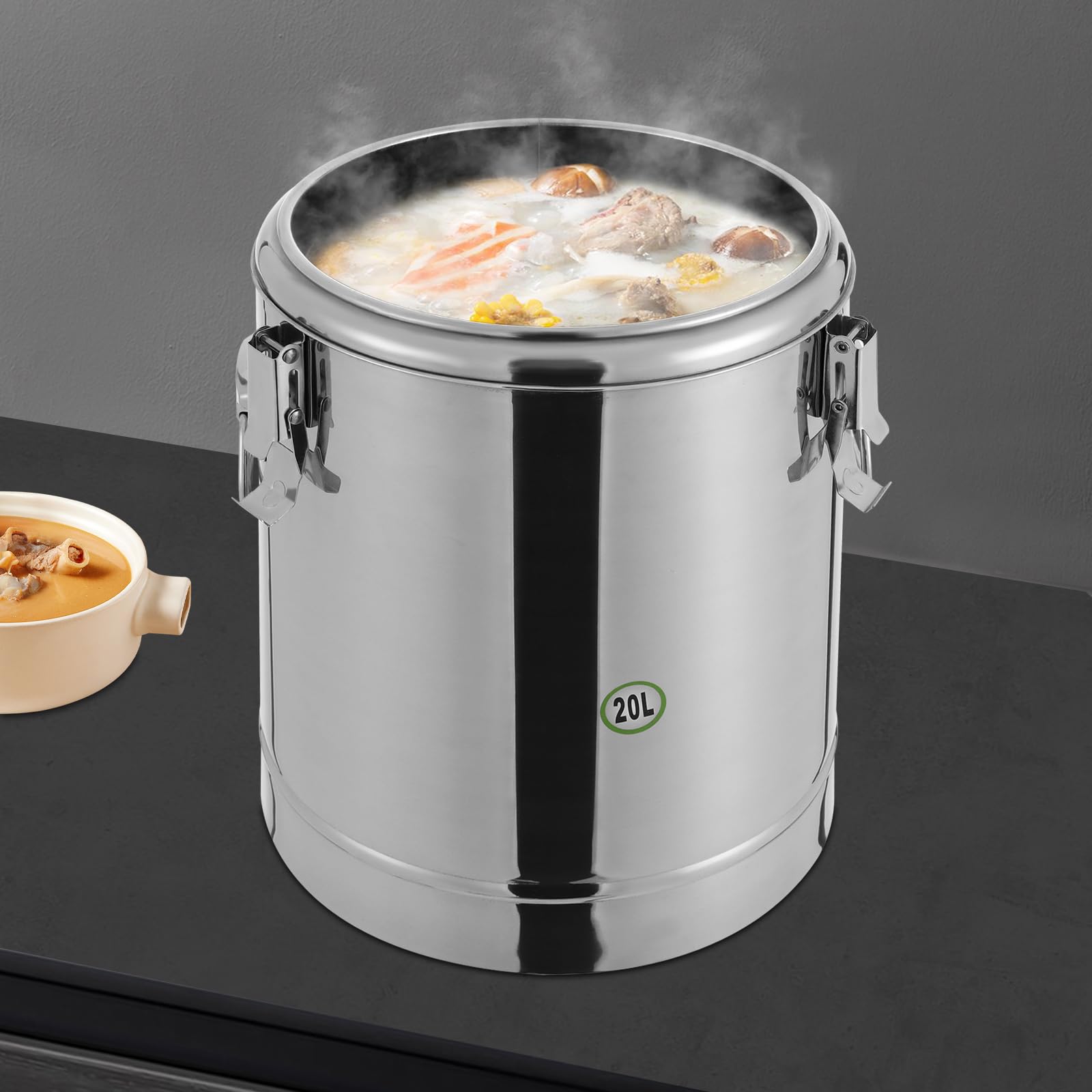 Contenitore termico da 20 l, in acciaio inox, con coperchio e maniglie, secchio isolato professionale per mense scolastiche, hotel, ristoranti