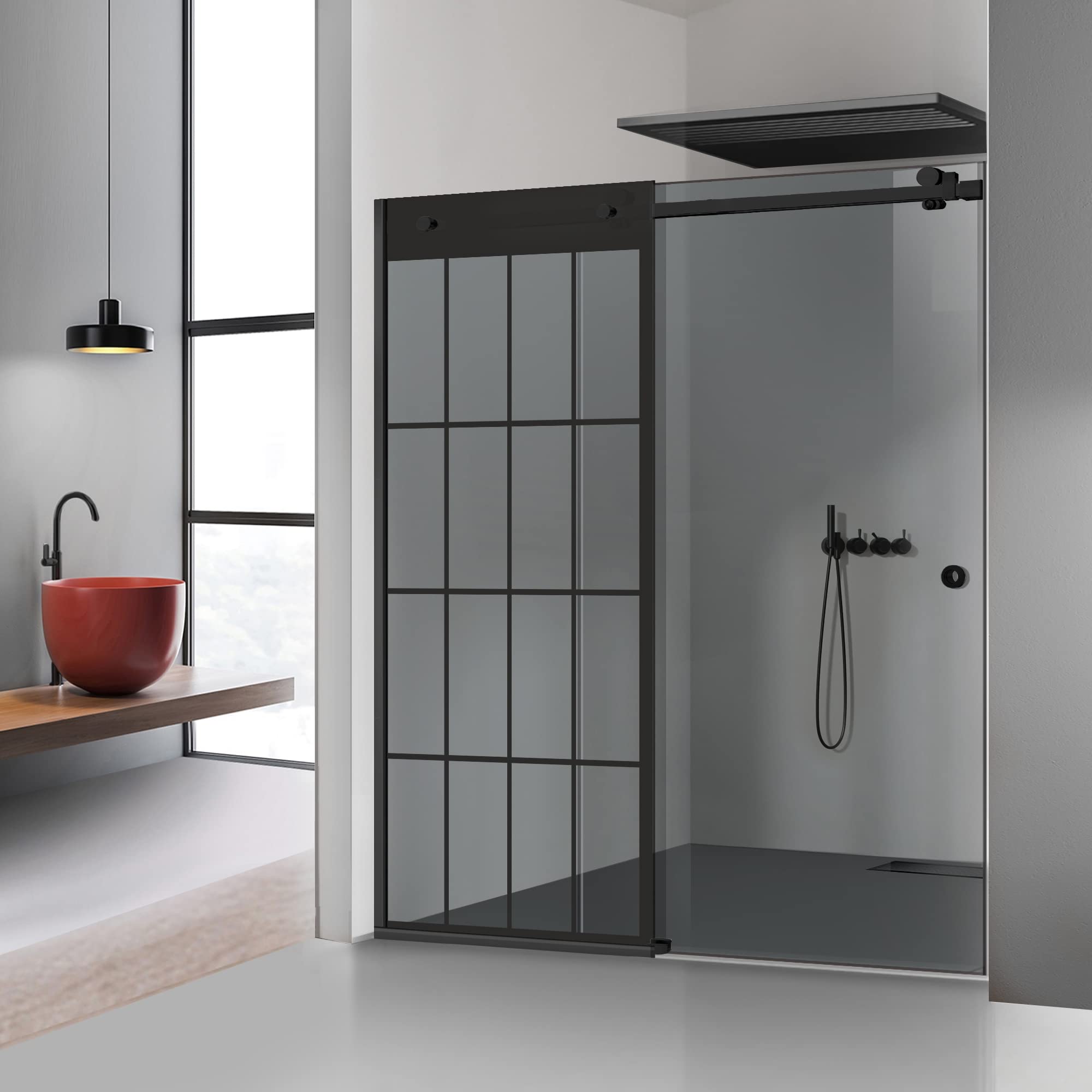 Glissando - Puerta corredera para ducha (140/160/180x205), color negro, rango modelo, tamaño: 140/160/180x205 cm, cristal gris, con patrón arenado nanorevestido (140 x 205 cm, izquierda)