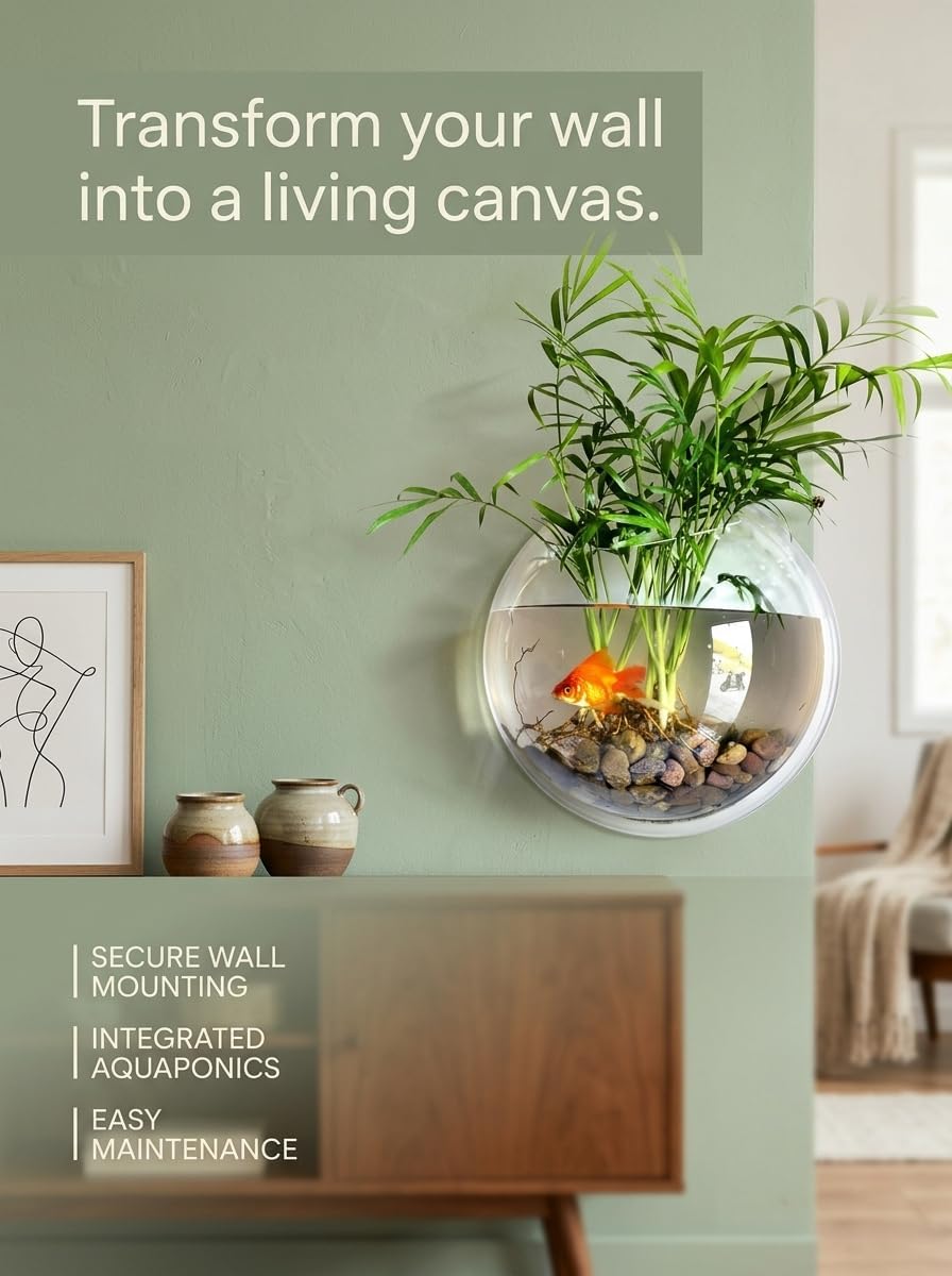 Wall-Mounted Acrylic Fish Bowl, Clear Hanging Aquatic Planter and Aquarium