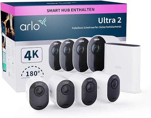 Arlo Ultra 2 Überwachungskamera Aussen WLAN, Kabellos, 4er Set, 4K UHD Qualitäts
