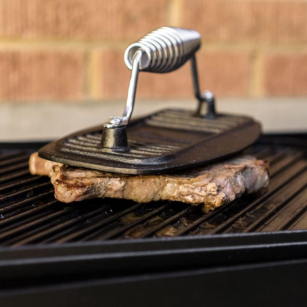 BBQ Dragon Cast Iron Grill Press – Heavy Duty 2.9 lb Burger, Bacon & Panini Press – Pre Seasoned for Grilling Steaks, Meats & Sandwiches – Reduces Grease for Healthier Cooking