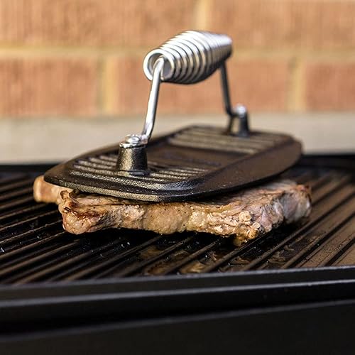 Miniatura 7 de BBQ Dragon Prensa para parrilla de hierro fundido – Prensa de hamburguesas, tocino y panini resistente de 2.9 libras – Pre sazonada para asar