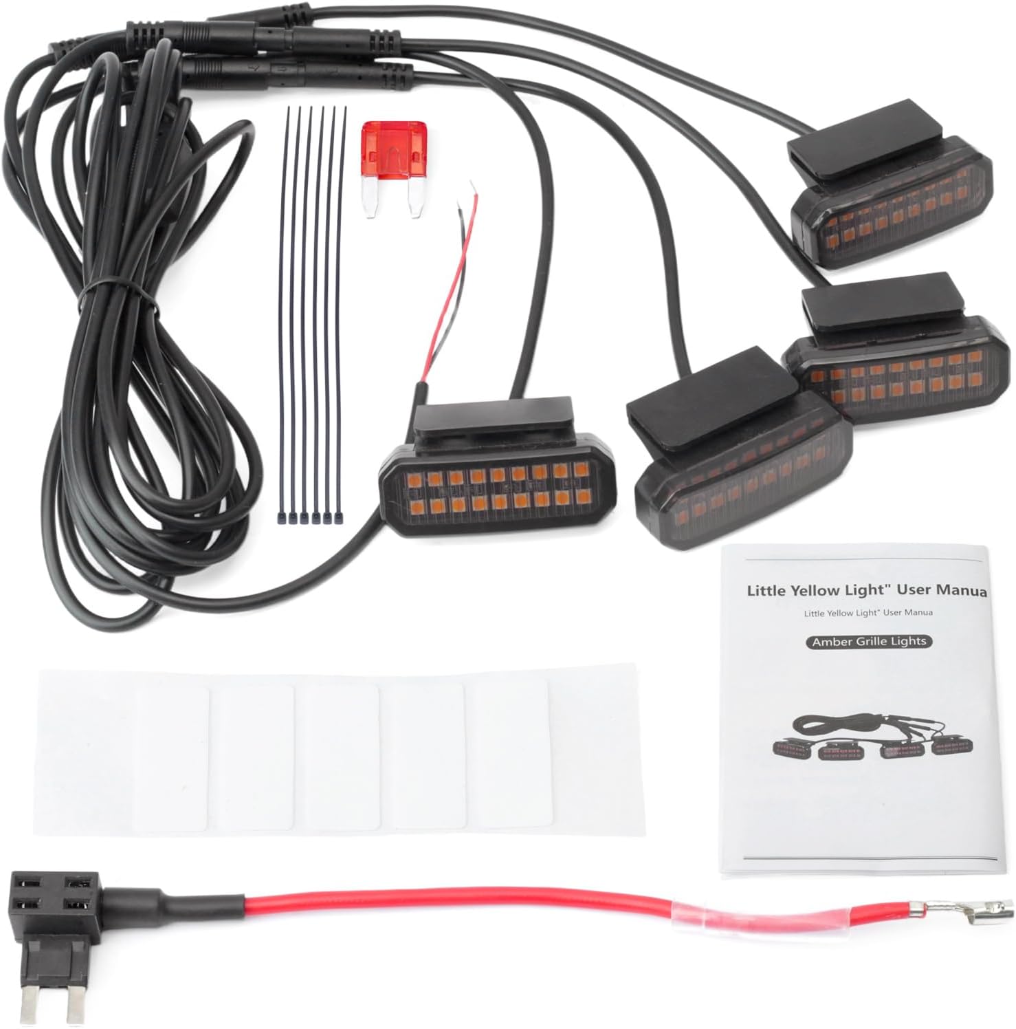 4Pcs Universal Clip on Car LED Amber Front Grille Light, with Wiring Harness and Fuse Adaptor, Upgraded Buckle Grille Lights Compatible with Most Truck and Pickup, Yellow