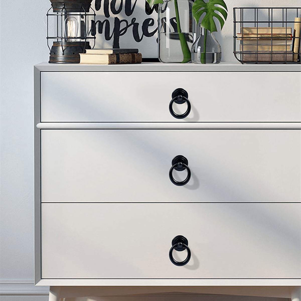 dophee 4 Pack Cabinet Pulls Handles, Vintage Drawer Ring Pulls Knobs for Dresser Cupboard Door Chest Bin Wardrobe Furniture Hardware 1.77"x1.34"- Black