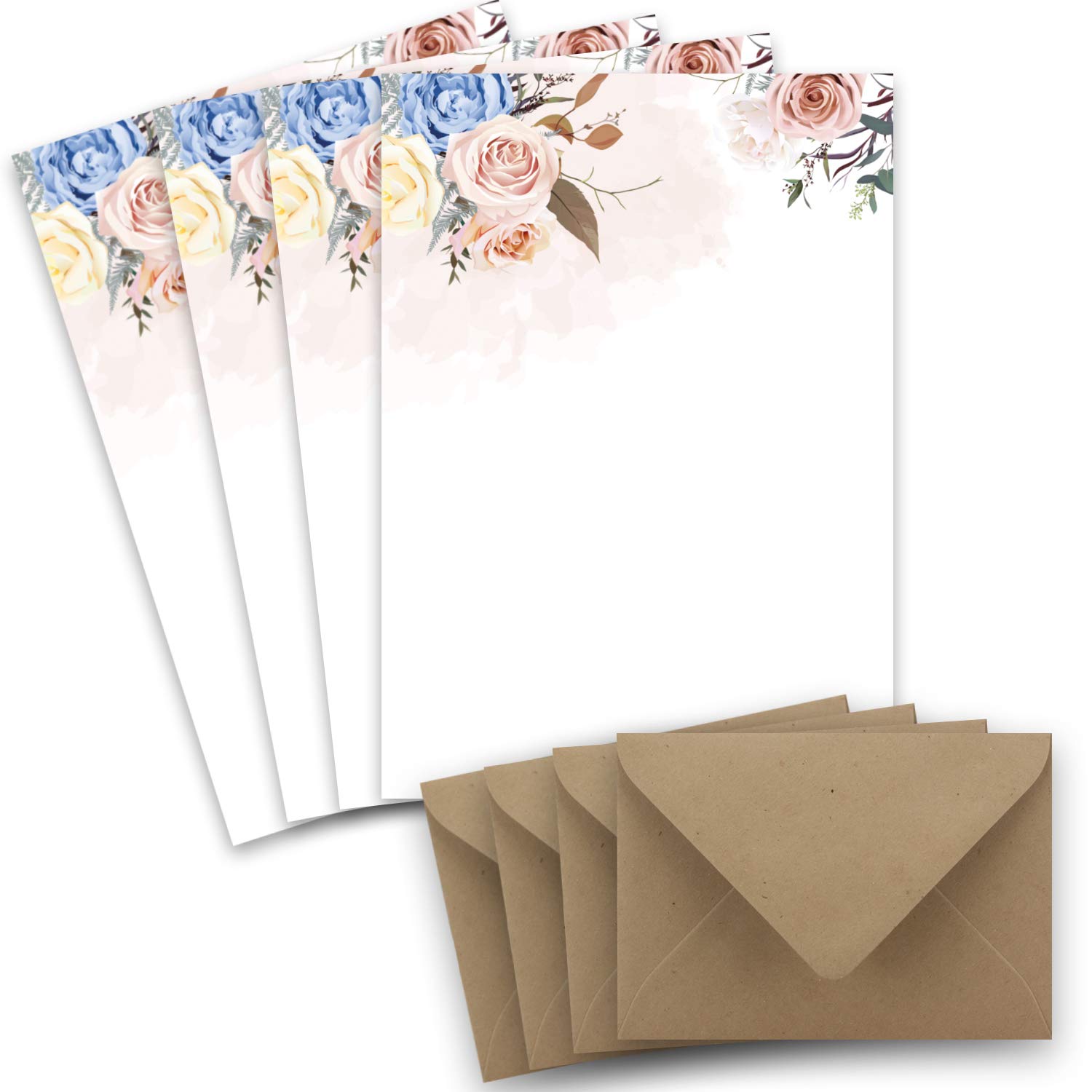 Juego de 200 Pliegos de Papel de Carta DIN A4, Papelería Natural con Diseño de Rosas en Colores Pastel, con Sobres DIN C6 en Papel de Estraza Marrón, Imprimible, Ideal para Invitaciones de Boda