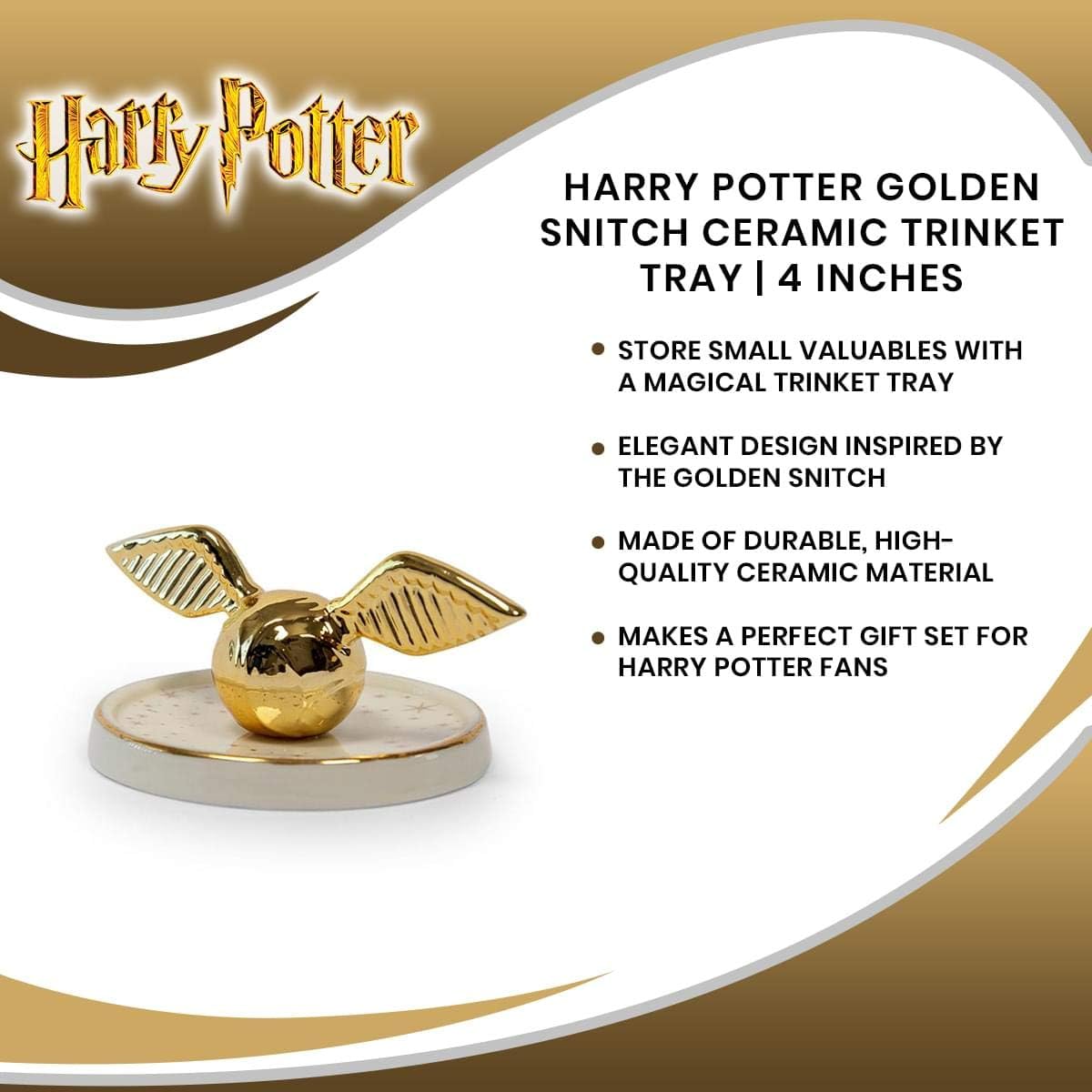 Ukonic Harry Potter Golden Snitch Ceramic Trinket Tray | Quidditch-Themed Gold Decor Accents | Storage Dish For Jewelry, Accessories, Keys, Small Valuables | 4 Inches