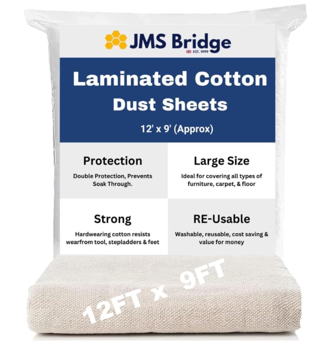 Laminated Cotton Dust Sheets for Decorating & Painting 12' x 9' (3.6m x2.7m) |Drop Cloth |Paint Sheets | Painting & Paint Cover Sheets | Dust Sheets for Furniture | Reusable