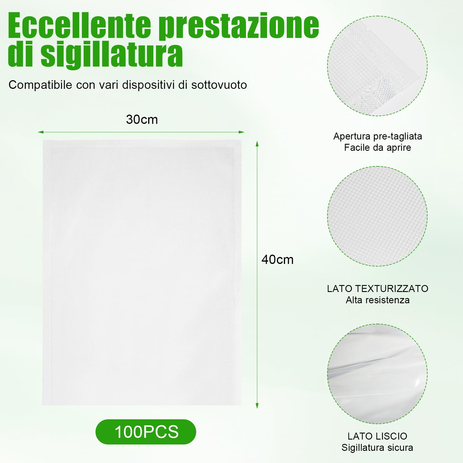Sacchetti Sottovuoto Alimentari 100 Buste 30x40 cm – Senza BPA, Goffrati, Compatibili Tutte Macchine Sottovuoto, Ideali per Conservazione e Cottura Sottovuoto