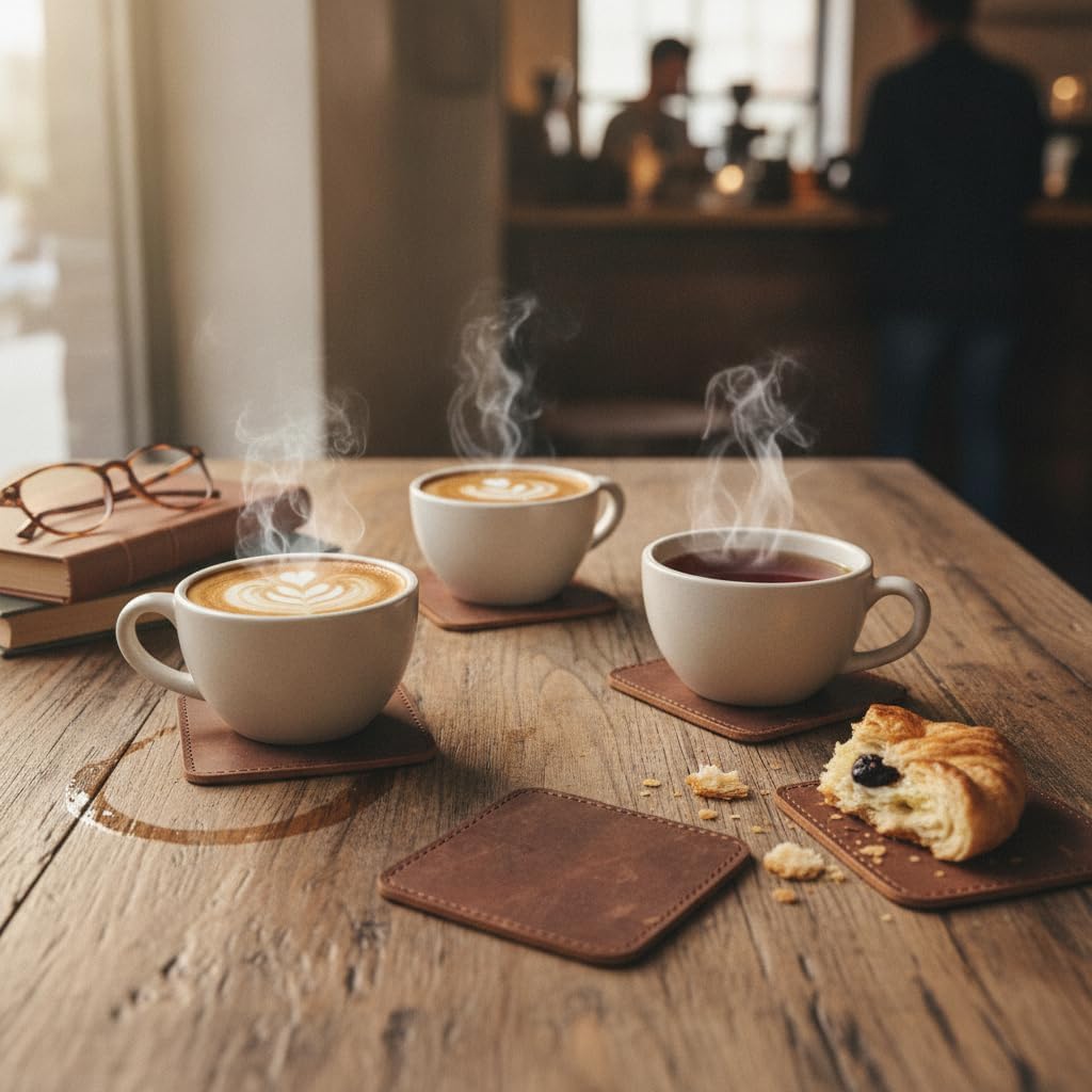 Set of 6 Coaster (3.5 inch) Geniune Leather Tea Coasters for Hot Water, Coffee, Beverage Beer Tea Cup Wine Luxarious Home Decor Coaster Dark Brown Square Shape