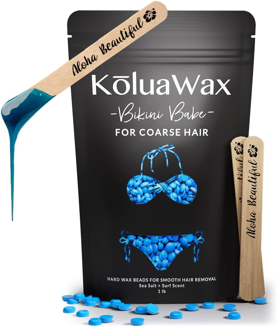 KoluaWax Hard Wax Beads for Hair Removal – Coarse Hair Formula – Face, Brazilian, Underarms, Back Chest, Bikini Waxing – Sea Salt & Surf, 1lb Refill for Wax Warmers & 10 Large Applicator Sticks