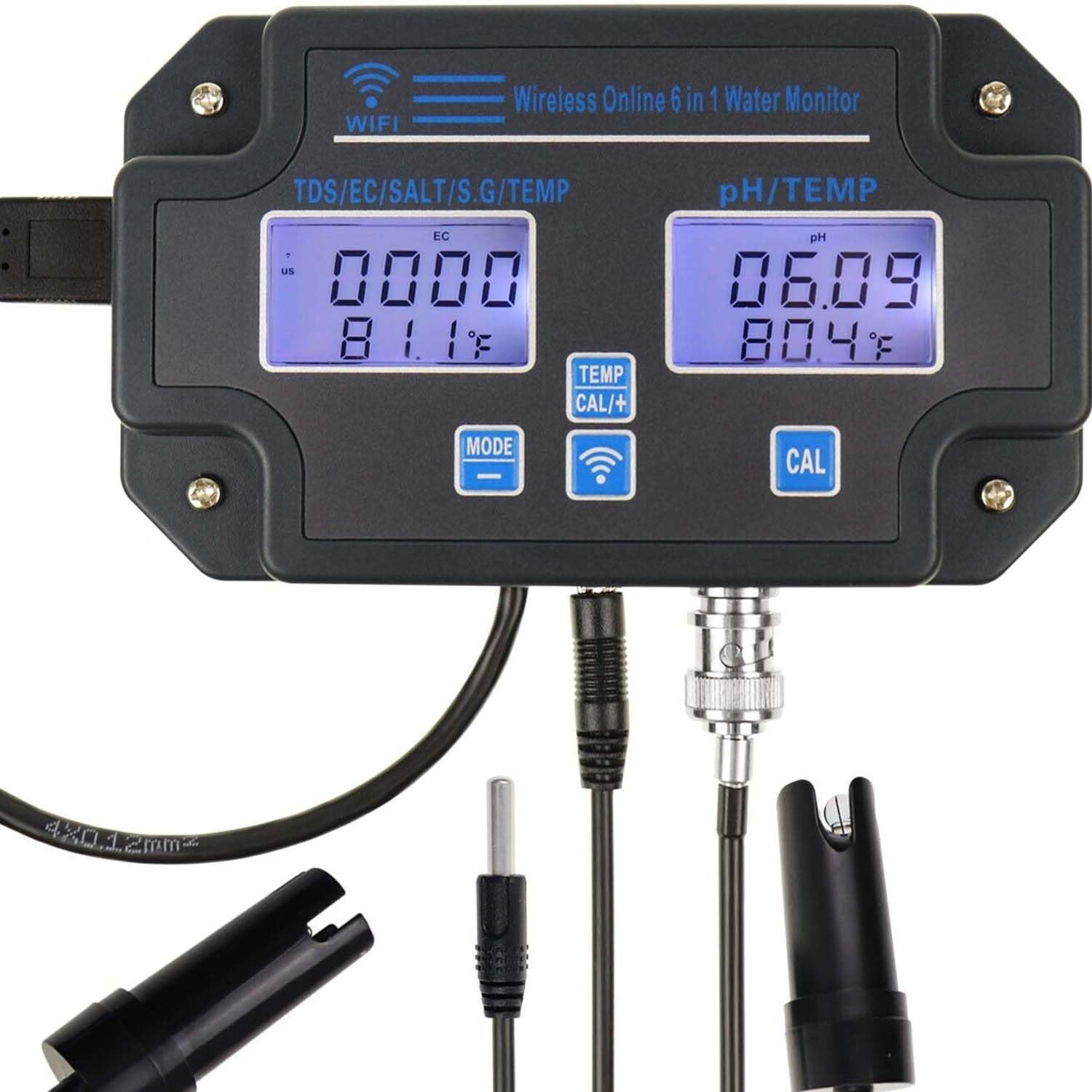 Tester jakości wody – pH 6 w 1, EC, TDS, zasolenie, SG, temperatura, łatwa kalibracja, 24 godziny monitorowania aplikacji online, idealny do akwariów i laboratoriów domowych