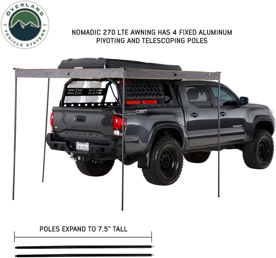 Overland Vehicle Systems 19689909 HD Nomadic 270 LTE Awning Passenger Side | 65 Sq Ft of Coverage | Dark Gray Fabric with Travel Cover Included | Twist and Lock Technology | Weather-Resistant