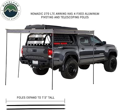 Overland Vehicle Systems 19689909 HD Nomadic 270 LTE Awning Passenger Side | 65 Sq Ft of Coverage | Dark Gray Fabric with Travel Cover Included | Twist and Lock Technology | Weather-Resistant
