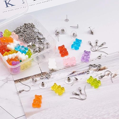 Miniatura 4 de Mega Pet 32 piezas de cabujones de goma de resina, diseño de oso de peluche de dibujos animados con parte trasera plana y aretes colgantes para