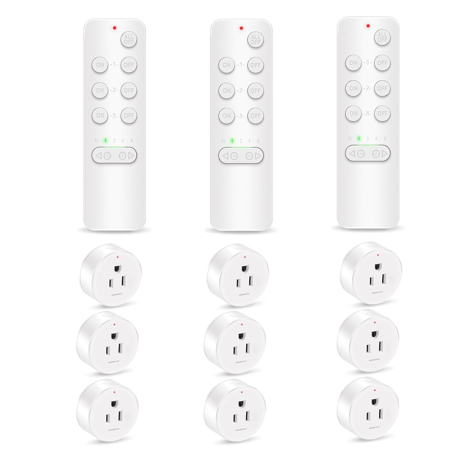 Remote Control Outlet, GREENCYCLE Remote Timer Switch, Plug in Light Switch Outlet, 500ft Range, 15A/1500W, for Lights, Fans, Christmas Lights, Household Appliance, 3Remotes 9Outlets