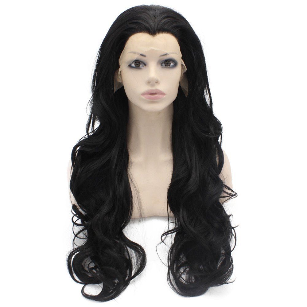 MX angel Long Natural Hairline Long Wavy Black Synthetic Lace Front Wig