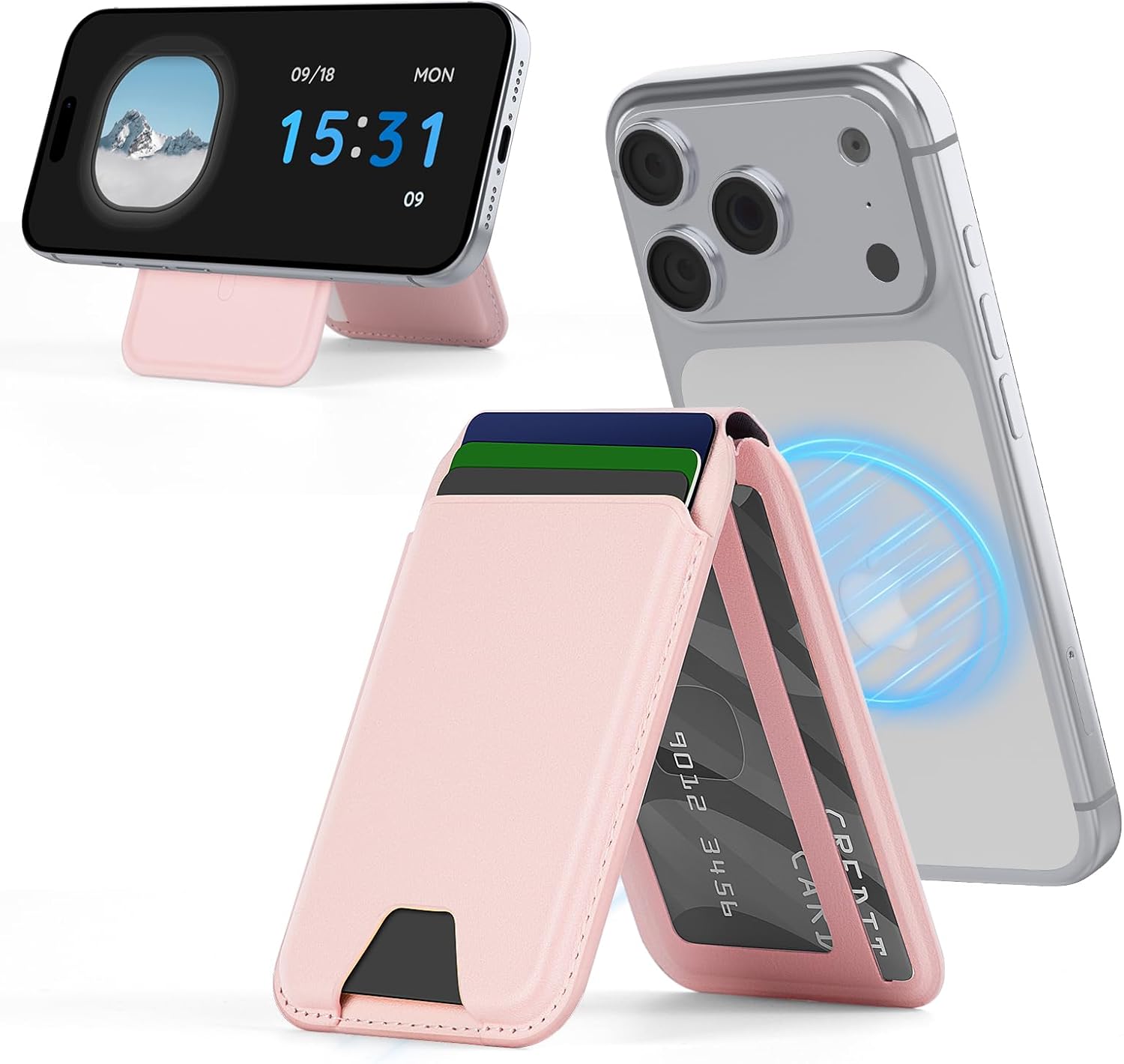 Magnetic Wallet with Stand, Slim Magnetic Card Holder for iPhone 12–17 Series, PU Leather Phone Card Case, Holds Up to 4 Cards (Pink)