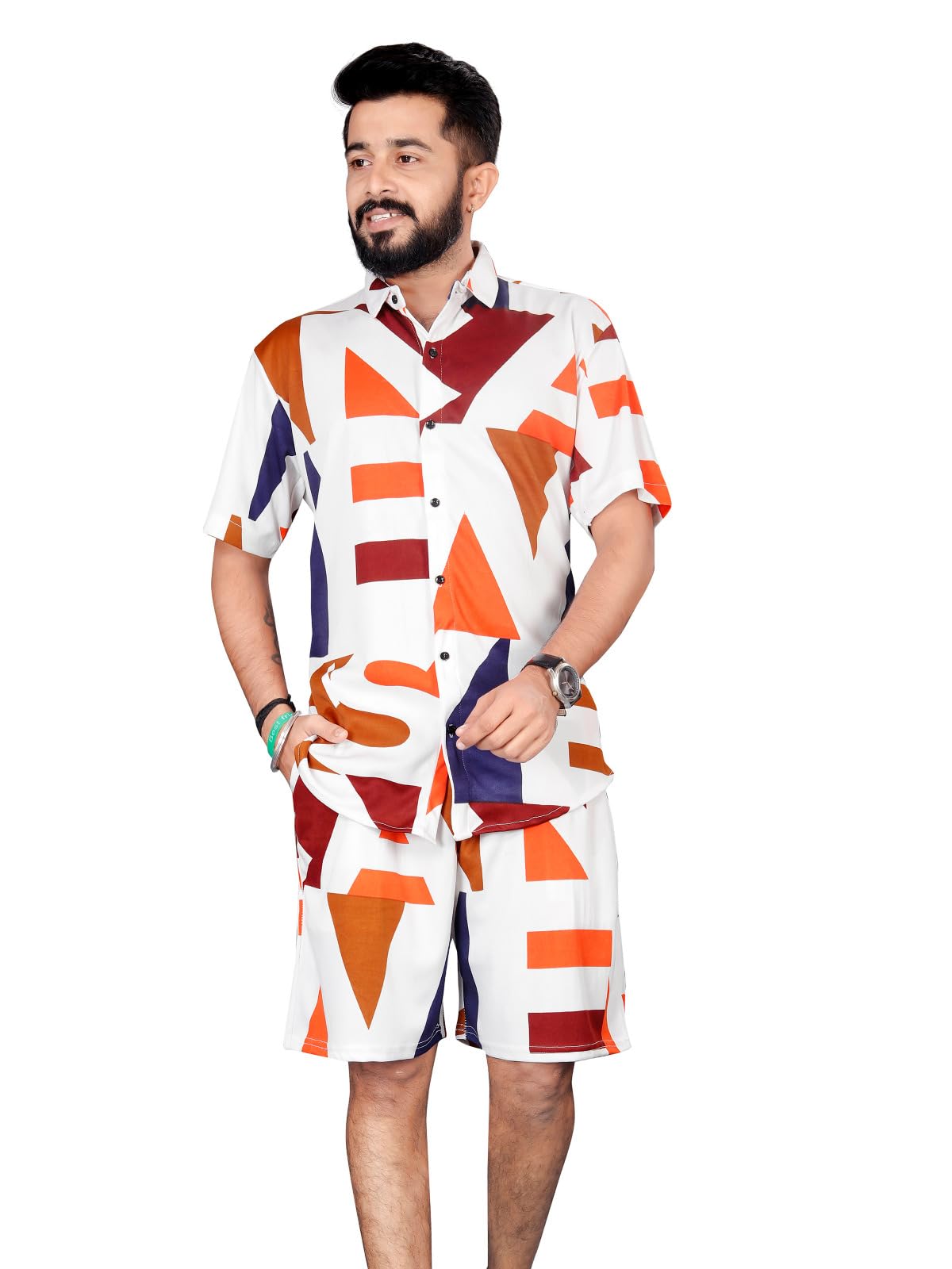 White Printed Co-Ord Set for Men's | Casual Shirt & Shorts Night Suit Set | Lounge-wear Nightdress Pajama Set for Men's | Night Wear, Beach Wear, Vacation Wear Outfit-picture-37