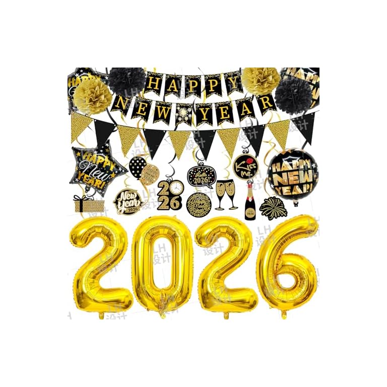 2026 Happy New Year Decorations Set – Complete New Year’s Eve Party Supplies with 32" 2026 Foil Balloons, Hanging Swirls, Banners, Triangle Flags, Paper Pompoms, and Foil Balloons