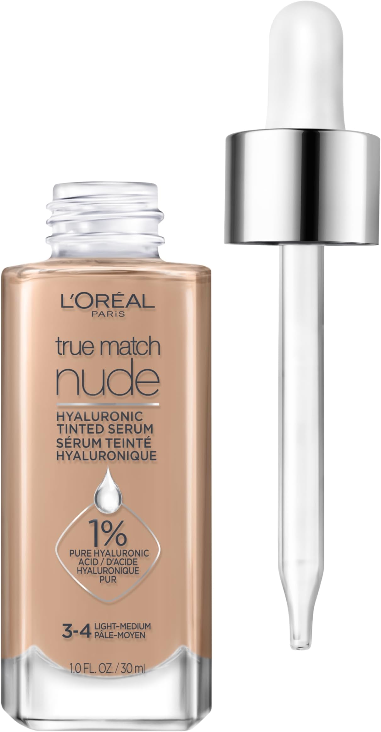 True Match Nude Hyaluronic Tinted Serum Foundation with 1% Hyaluronic acid, Light-Medium 3-4, 1 fl. oz.