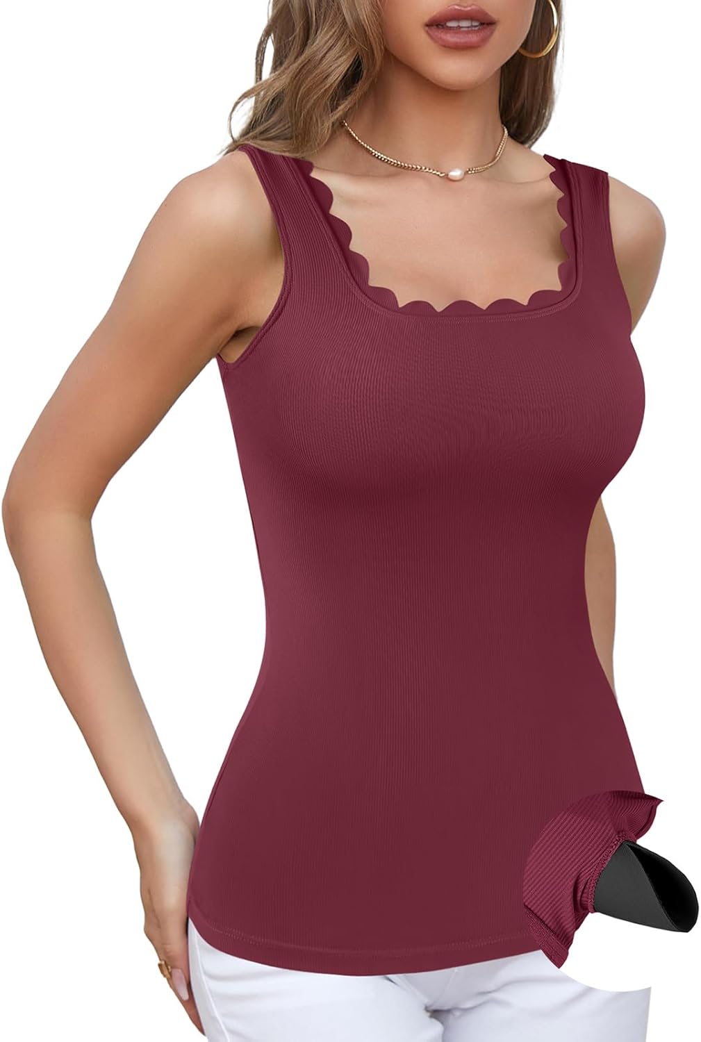 V FOR CITY Women Square Neck Tank Tops with Built in Bras Scallop Trim Fitted Camisole Ribbed Summer Top