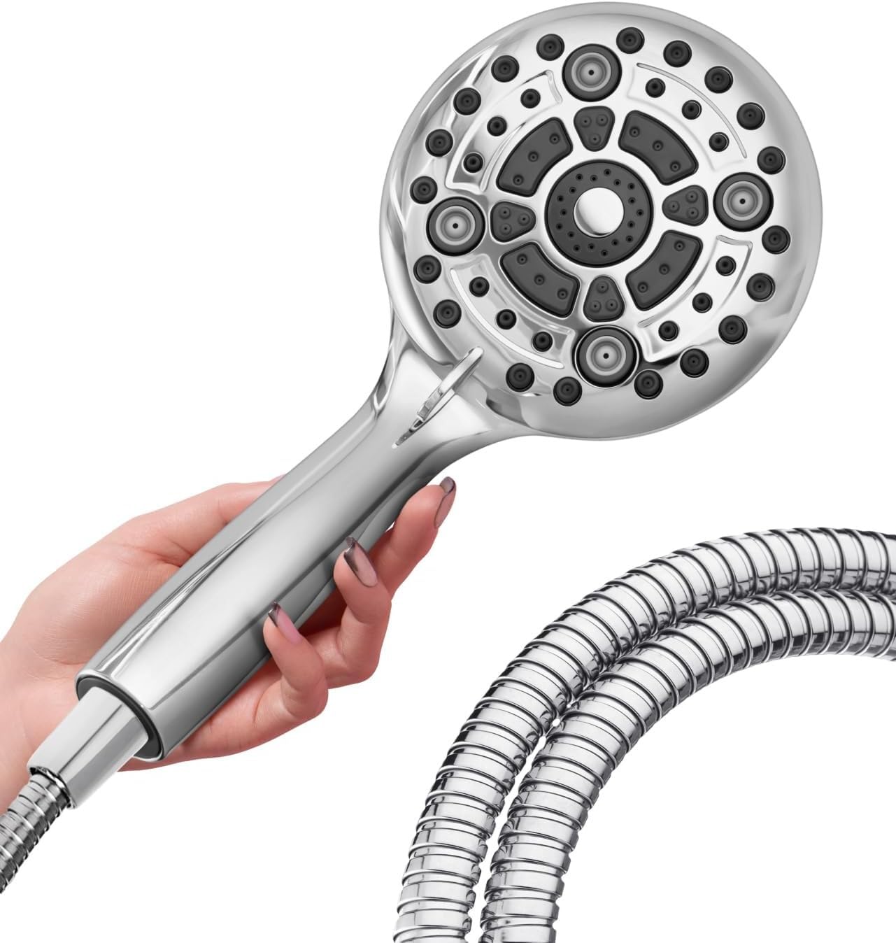 Marcoware ABS Multi Function 6 Mode Bathroom Hand Shower set/Shower Head for Bathroom with Mist, Massage & Rain functions with Steel flexible tube Pipe 1.5 Meters & Hook, Chrome, Polished Finish