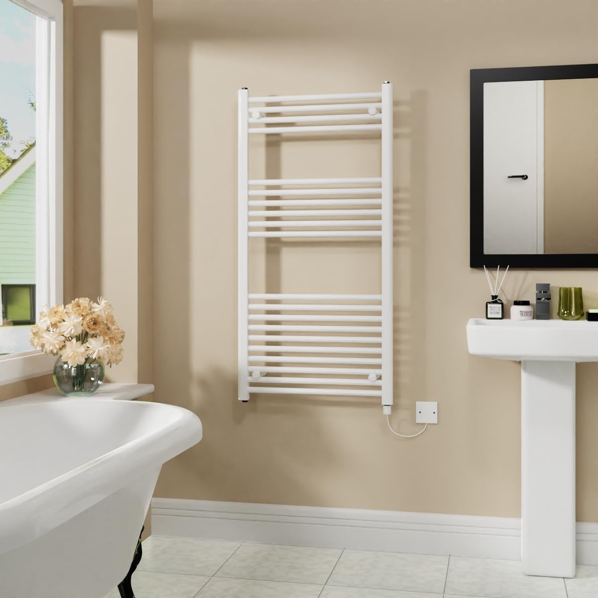 Warmehaus 600W Electric Heated Warming Towel Rail Bathroom Radiator White - 1200x600mm