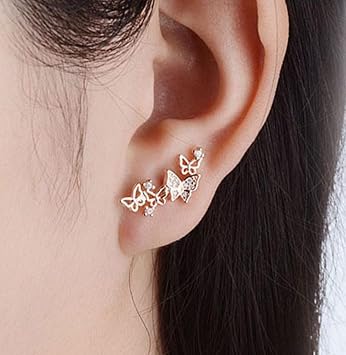 Koguxuix Butterfly Earrings Ear Crawlers Crystals 18k Gold Plated Curved Vine Bar Butterflies Earrings CZ Rhinestone Climber Butterflies Stud Earrings Rose Gold