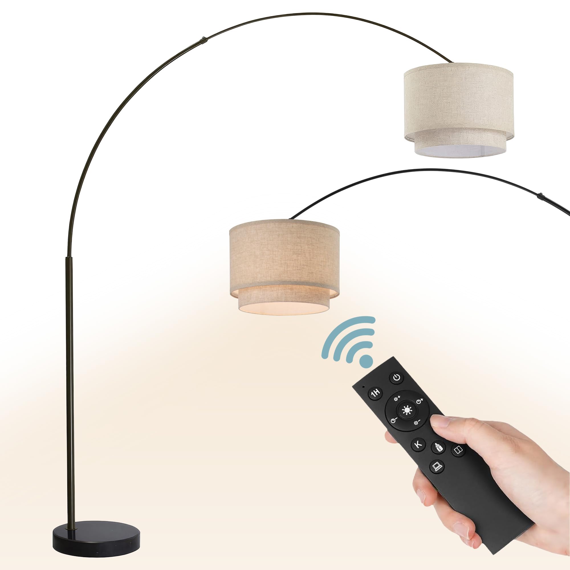Modern 81" Tall Dimmable Remote Control Standing Arc Floor Lamps with for Living Room - Corner Light Arching Lamp with Beige Double Shade and Marble Base - Paired LED Bulb Included