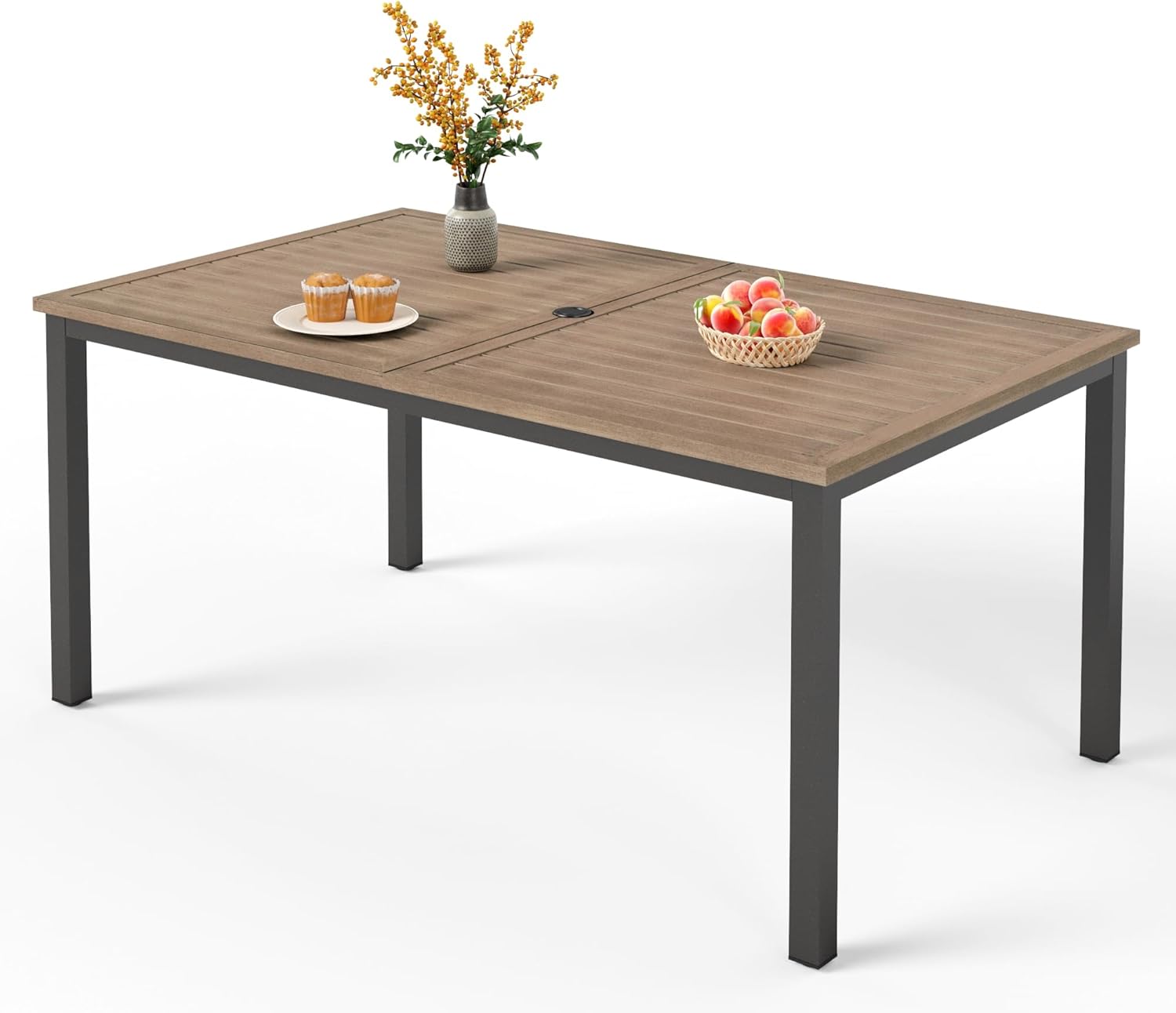 PHI VILLA 64" Rust-Resistant Steel Outdoor Dining Table with Umbrella Hole, Seats 6, Patio Garden Furniture, Teak Brown Finish