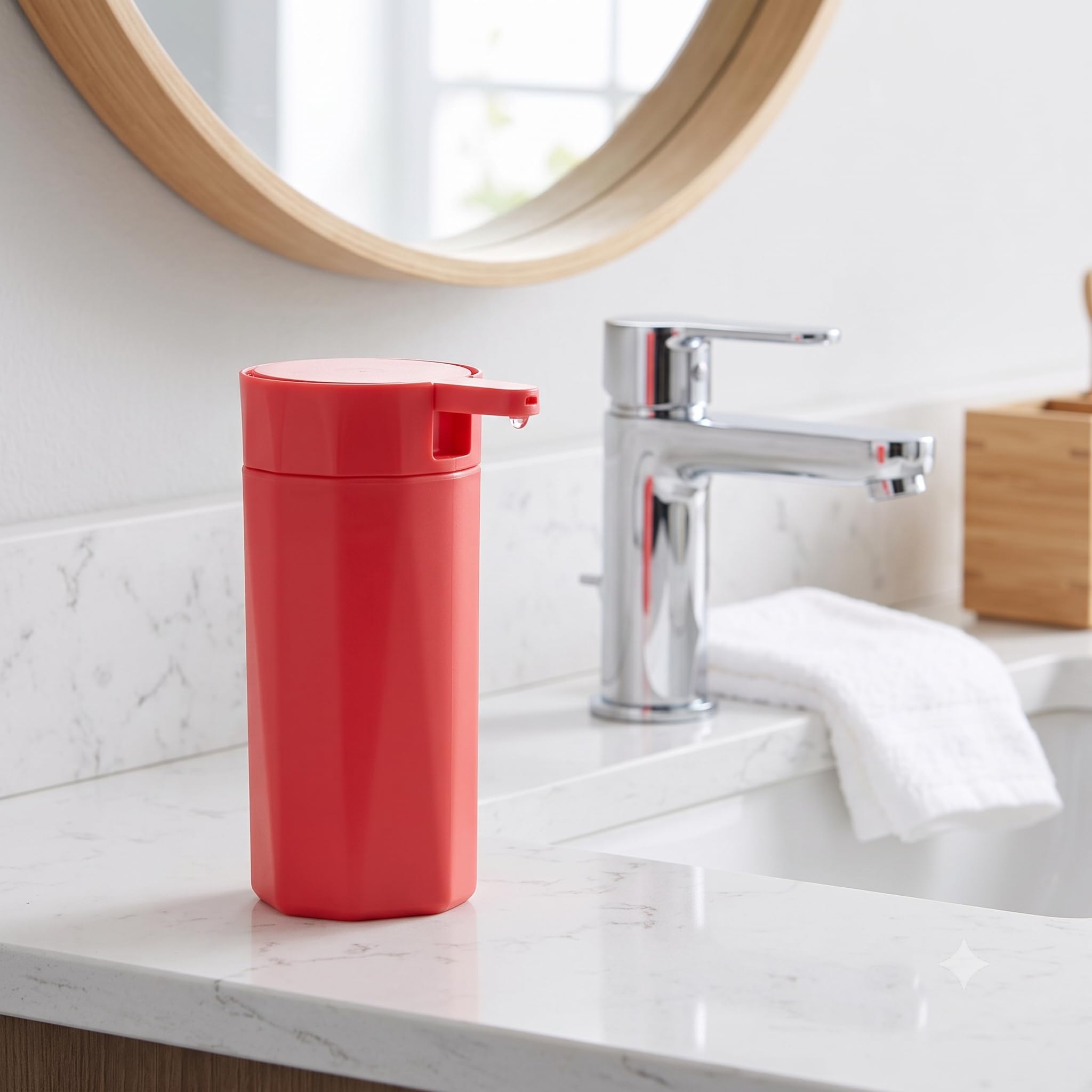 Modern Red Liquid Soap Dispenser for Bathroom and Kitchen Counter – Geometric Plastic Lotion Pump Bottle, Compact Space Saving Design-image-49