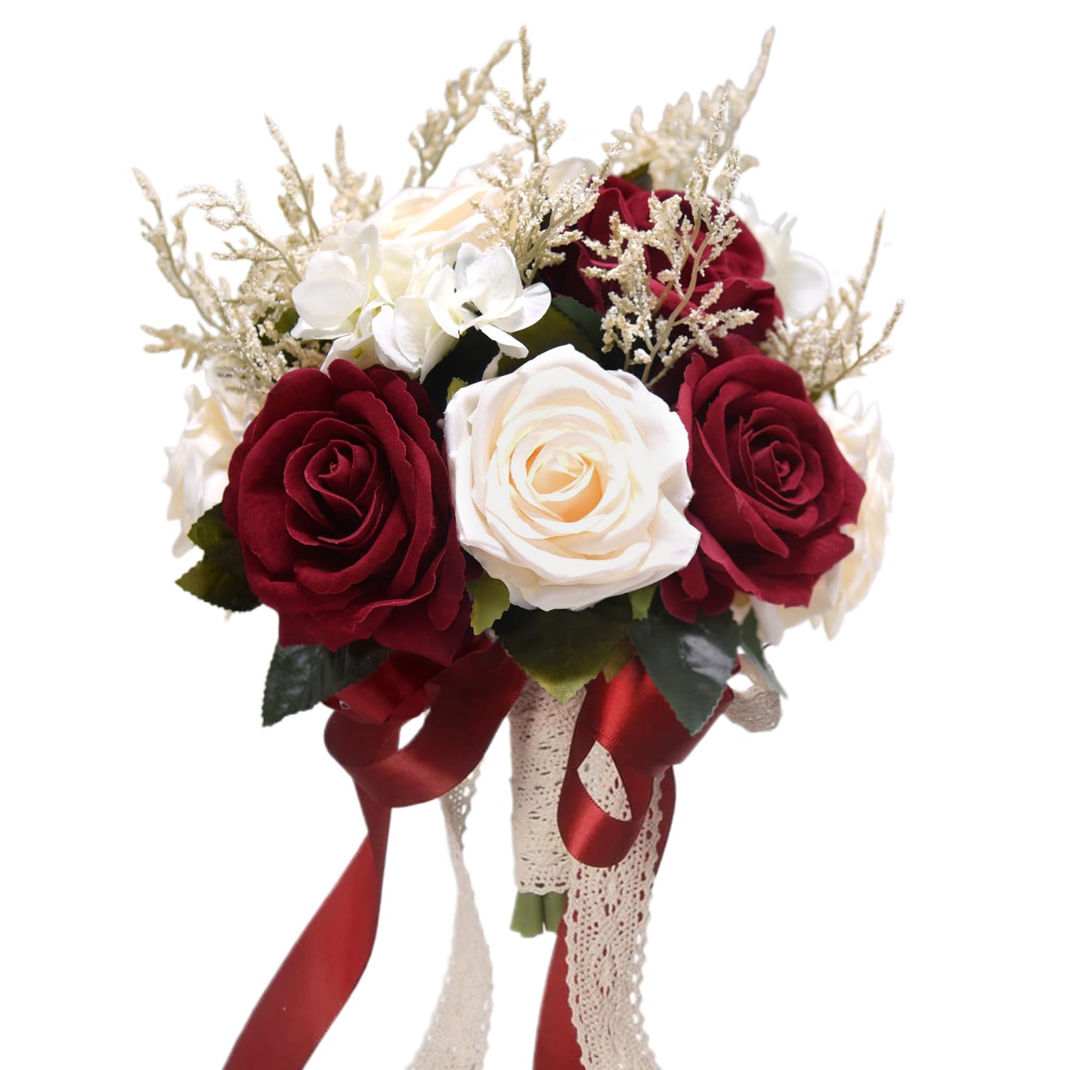 Wedding Bouquets for Bride Bridesmaid,White Champagne Red Burgundy Rose Artificial Fake Silk Flowers Bridal Bouquets for Wedding With Ribbon Boho Rustic Church Decoration Toss Bouquet (8.6in(M))