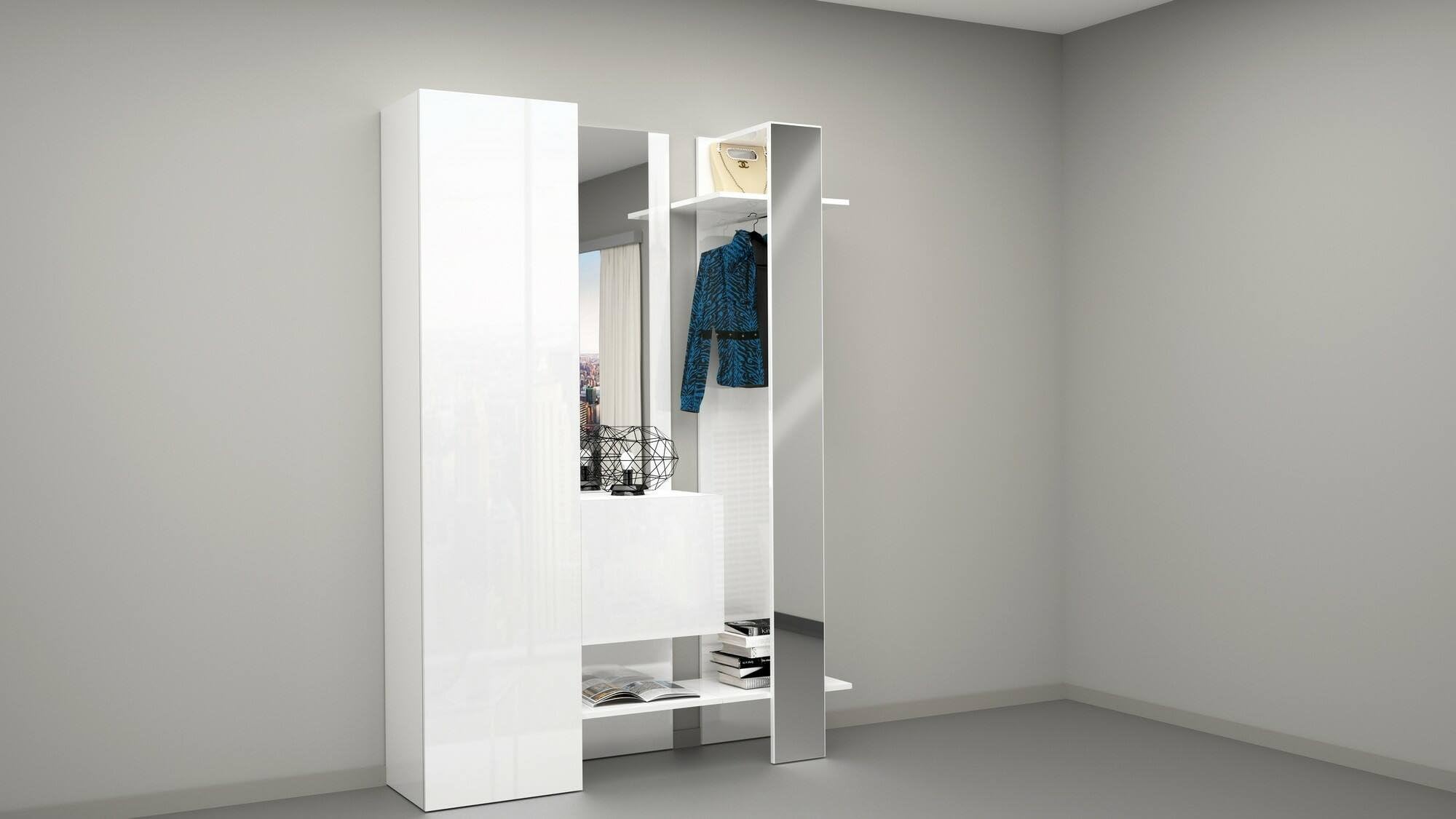 Dmora - Mobile da ingresso Vilmaro, Armadietto multifunzione a 2 ante, Appendiabiti da parete con 2 specchi, 140x35h190 cm, Bianco
